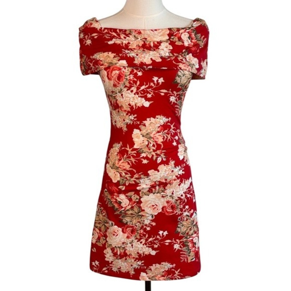 Sezane Red Floral Doriana Off Shoulder Knit Dress XS Like New
